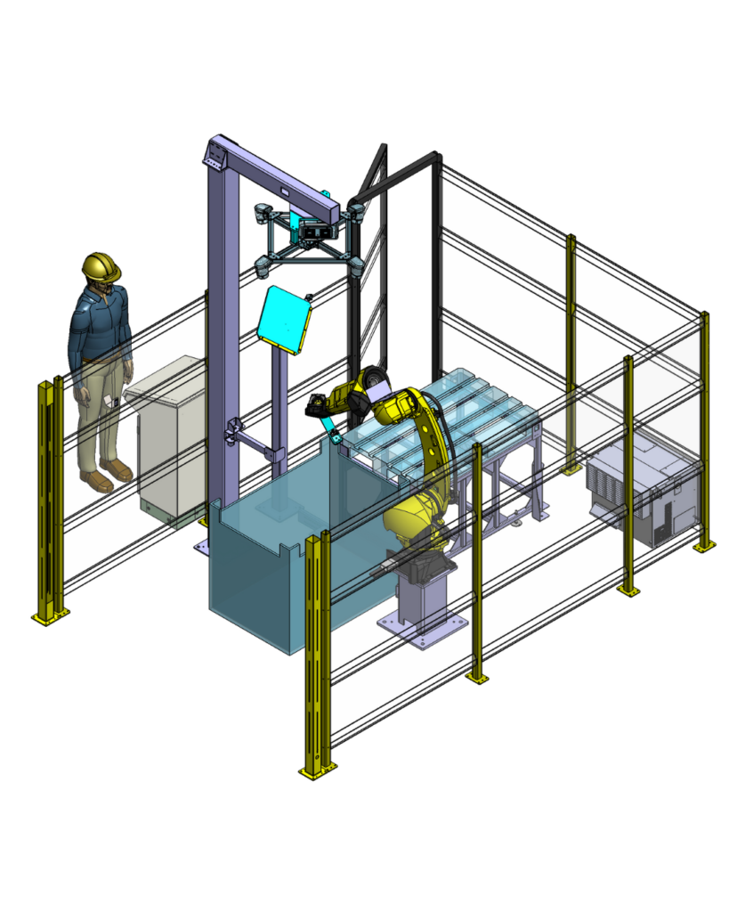 Robot antropomorfo Fanuc M‑10 iD‑12 che preleva lamiere da un cassone